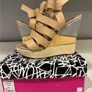 Diane Von Furstenberg Tan and Silver Wedge Sandals